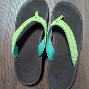 Olukai Brown and Green Flip Flops